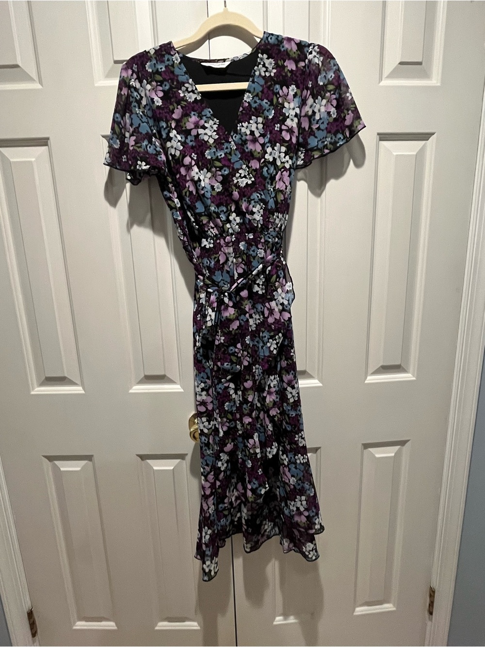 Women's Purple Floral Wrap Midi Dress with Tie Detail